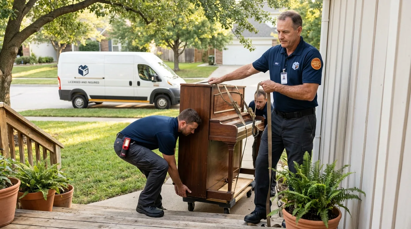 Licensed piano movers securing grand piano in Gulf Breeze, FL