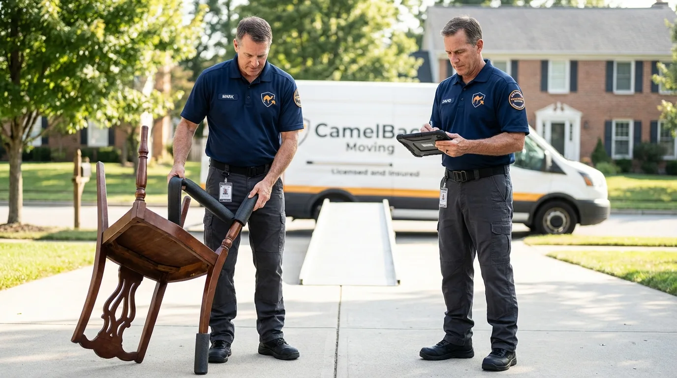 Movers inspecting furniture for damage prevention before loading in Gulf Breeze, FL